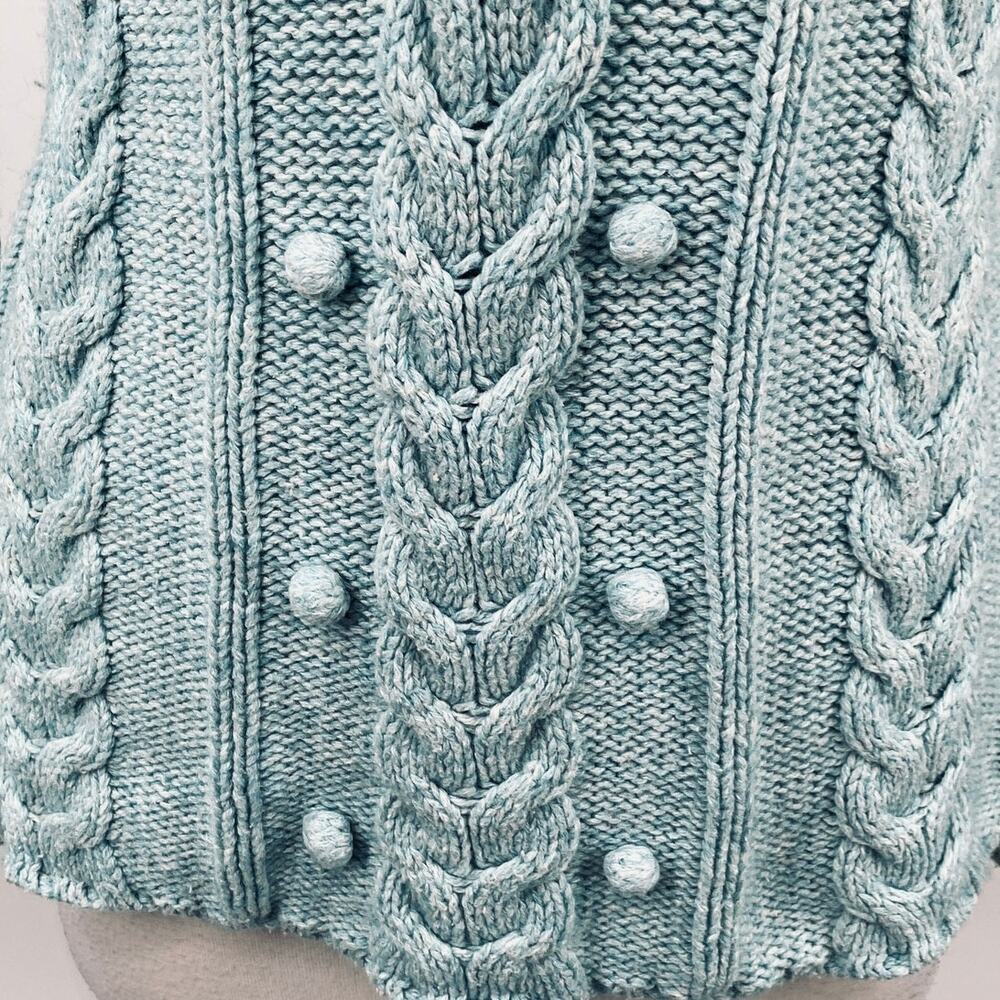 Vintage Y2k Old Navy Cotton Lambswool Sweater V Neck Pom Pom Cable Knit Blue M - Picture 2 of 8